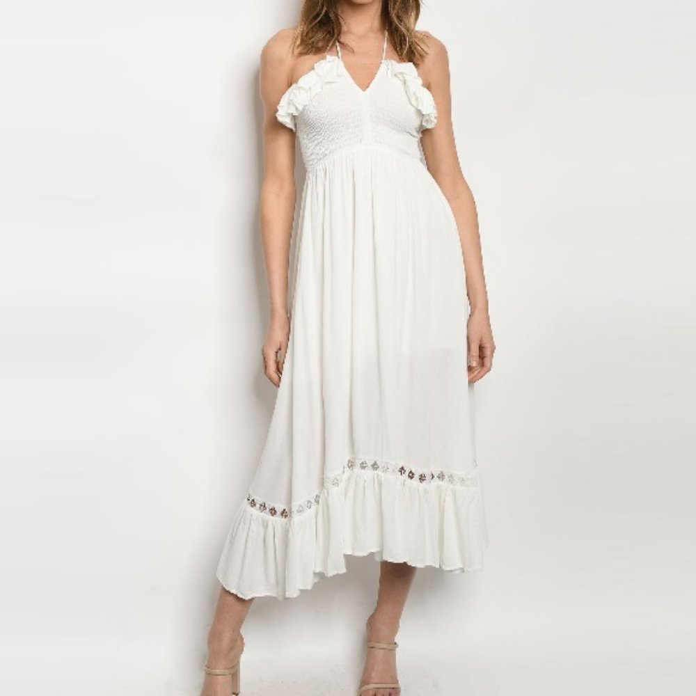 Off White Cotton Tiered Ruffle Tie Neck Maxi Dress